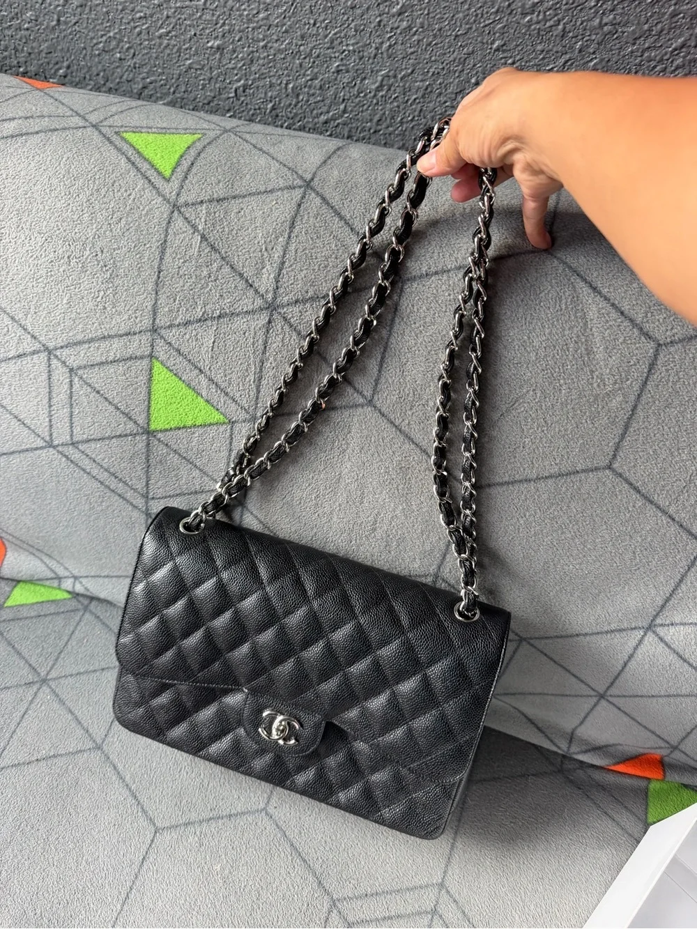 CHANEL Black Quilted Leather Chain Shoulder Bag/Jumbo double flap SHW